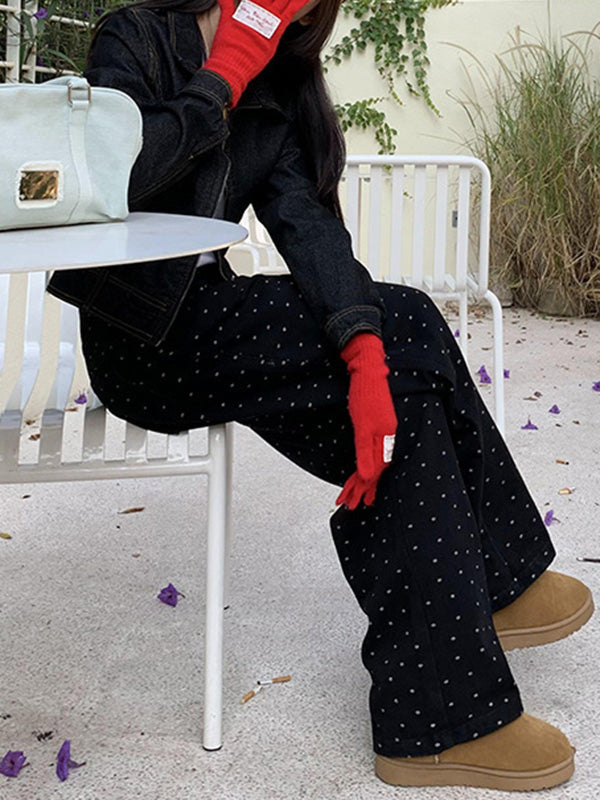Polka-Dot Printed Split-Joint High Waisted Loose Trousers Pants