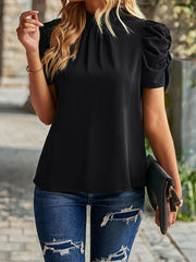 Pleated Solid Color Half Sleeves Loose Mock Neck T-Shirts Tops