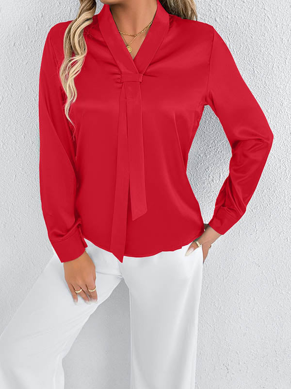 Solid Color Split-Joint Streamer Long Sleeves Loose Scarf Collar Blouses&Shirts Tops
