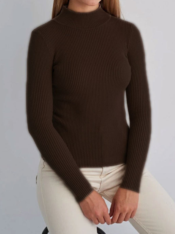 Solid Color Split-Joint Long Sleeves Skinny High Neck Sweater Tops