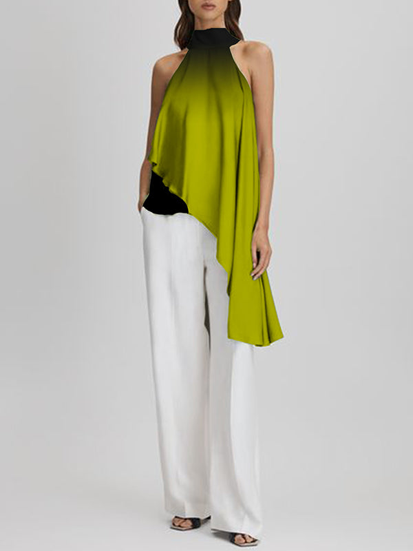 Asymmetric Gradient Tied High-low Loose Halter-Neck Vest Top