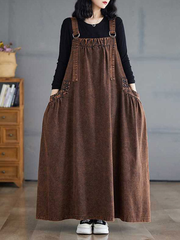 Pleated Pockets Solid Color Split-Joint A-Line Loose Spaghetti-Neck Suspender Dress