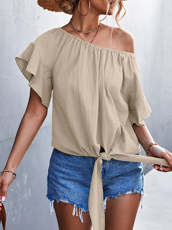 Elasticity Falbala Pleated Solid Color Tied Loose Short Sleeves Round-Neck T-Shirts Tops