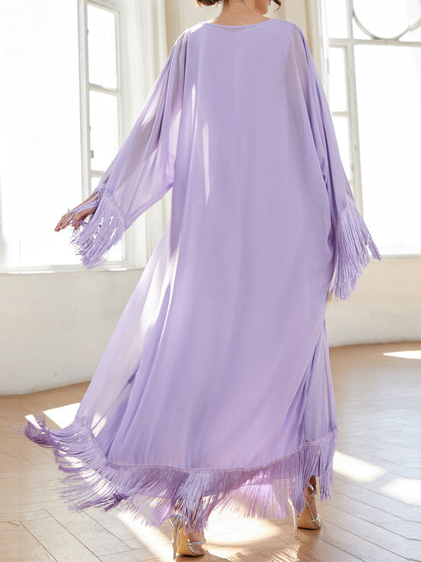 Gauze Solid Color Tasseled Zipper A-line High Waisted Round-neck Two Pieces Set Maxi Dresses