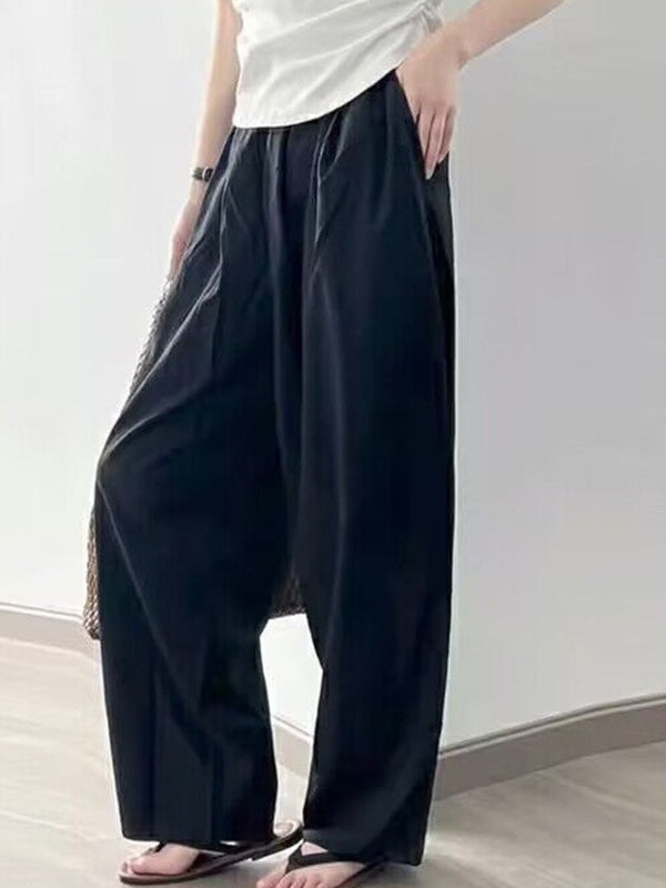 Elasticity Pleated Pockets Solid Color High Waisted Loose Trousers Pants