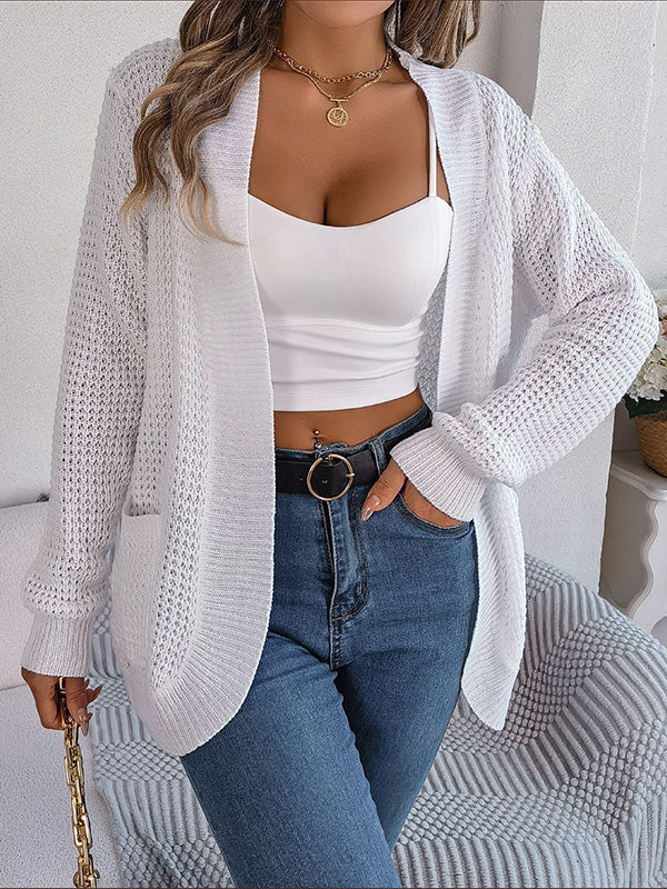 Pockets Solid Color Long Sleeves Loose Collarless Cardigan Tops