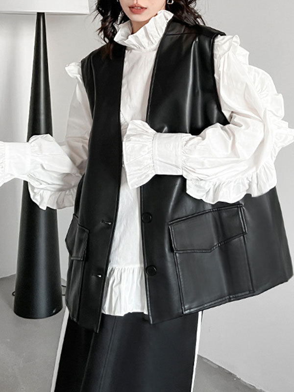 Buttoned Ruffled Solid Color Long Sleeves Loose Stand Collar Blouses&Shirts Tops