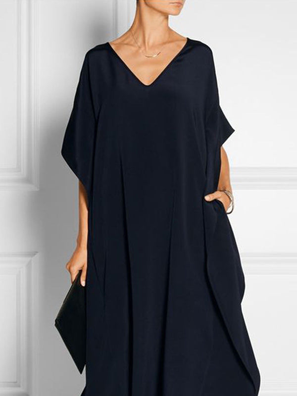 Pockets Solid Color Half Sleeves Loose V-Neck Maxi Dresses