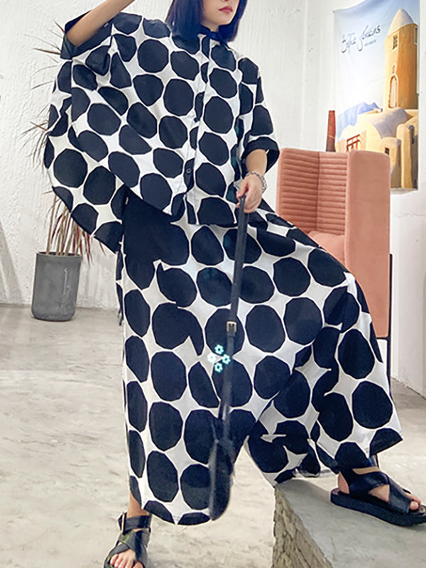 Round-Neck Batwing Sleeves Buttoned Polka-Dot Shirts Top + Elasticity Pockets Harem Pants Pants Bottom Two Pieces Set