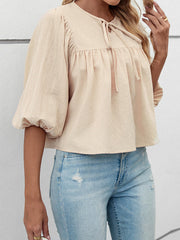 Elasticity Pleated Solid Color Split-Joint Tied Half Sleeves Loose Round-Neck T-Shirts Tops