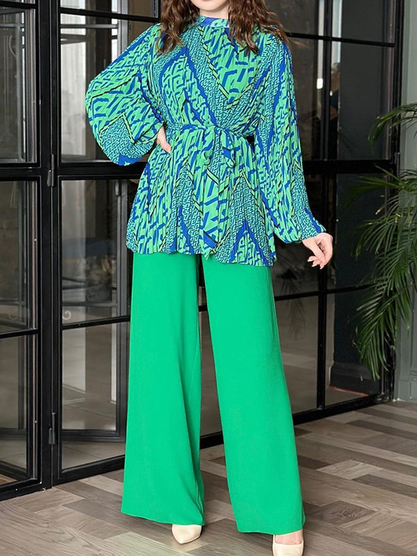 Round-Neck Bishop Sleeve Pleated Printed Tied Waist Shirts Top + High Waisted Pants Bottom Two Pieces Set