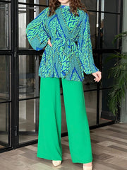 Round-Neck Bishop Sleeve Pleated Printed Tied Waist Shirts Top + High Waisted Pants Bottom Two Pieces Set