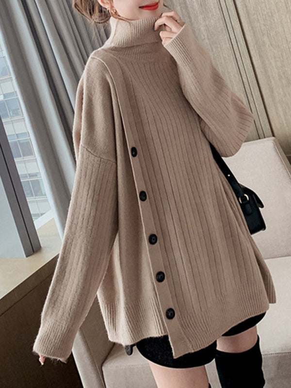 Asymmetric Buttoned High-low Long Sleeves High-neck Sweater Tops Pullovers Knitwear