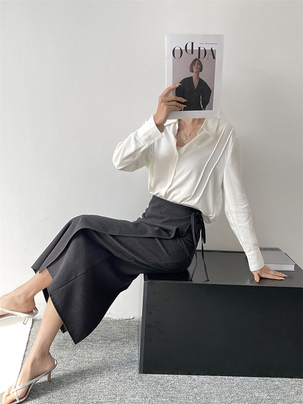 Pleated Split-Joint Long Sleeves Loose Lapel Blouses&Shirts Tops