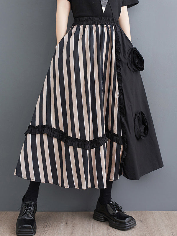 Flower-Embellished Elastics Split-Joint High Waisted Loose Skirts Bottoms