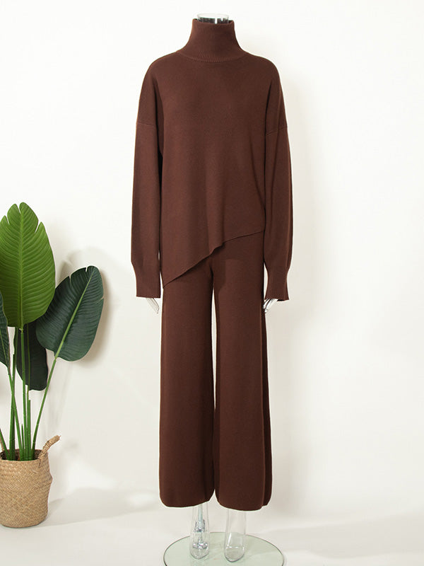 Casual Solid Color Irregularity High-Neck Sweater& Wide Leg Pants Suits