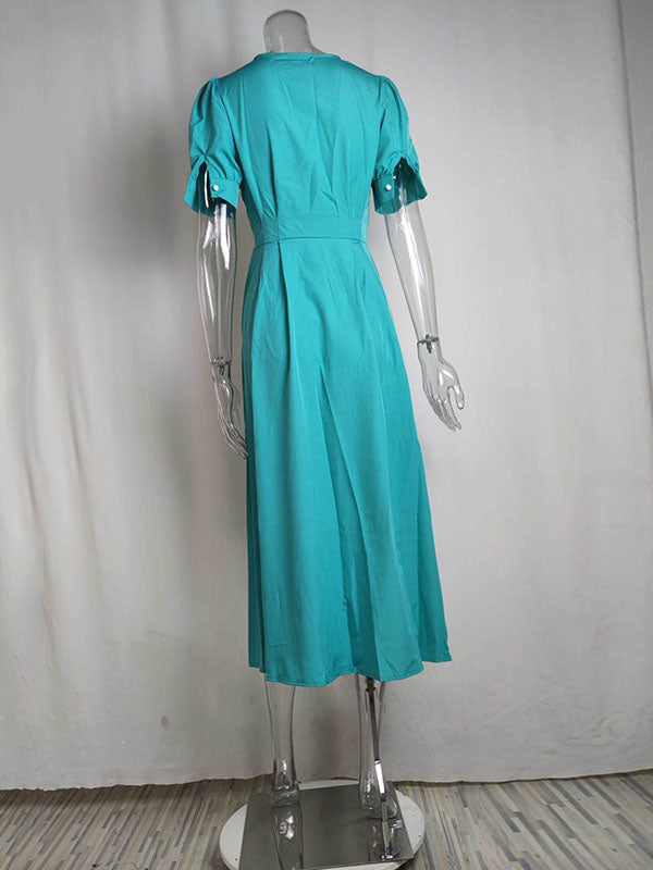 Buttoned High Waisted Loose Round-neck Midi Dresses