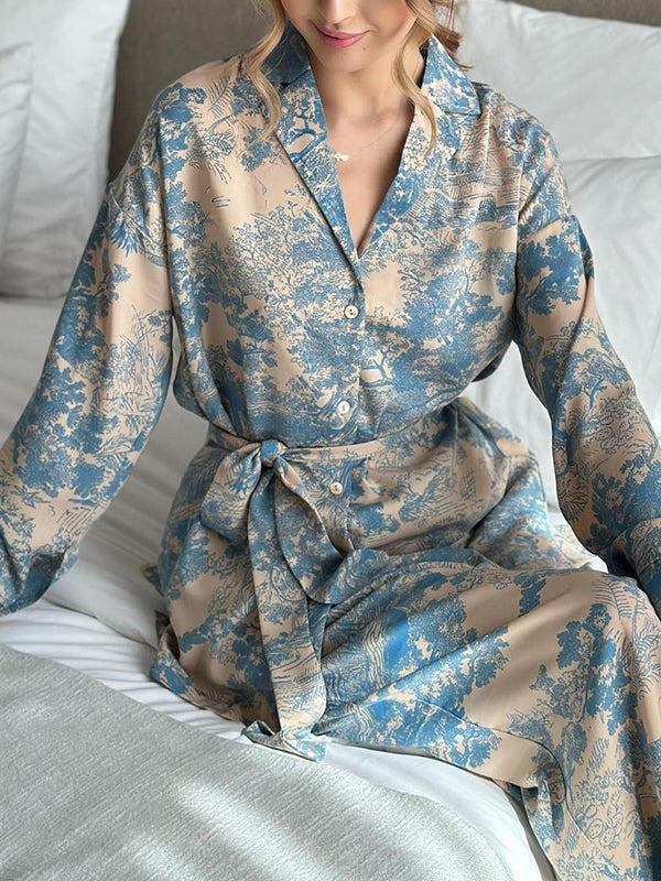 Printed Long Sleeves Buttoned Tied Waist Notched Collar Shirts Top + High Waisted Pants Bottom Two Pieces Set
