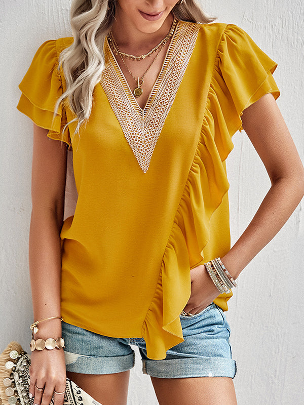 Applique Split-Joint Loose Short Sleeves V-Neck T-Shirts Tops