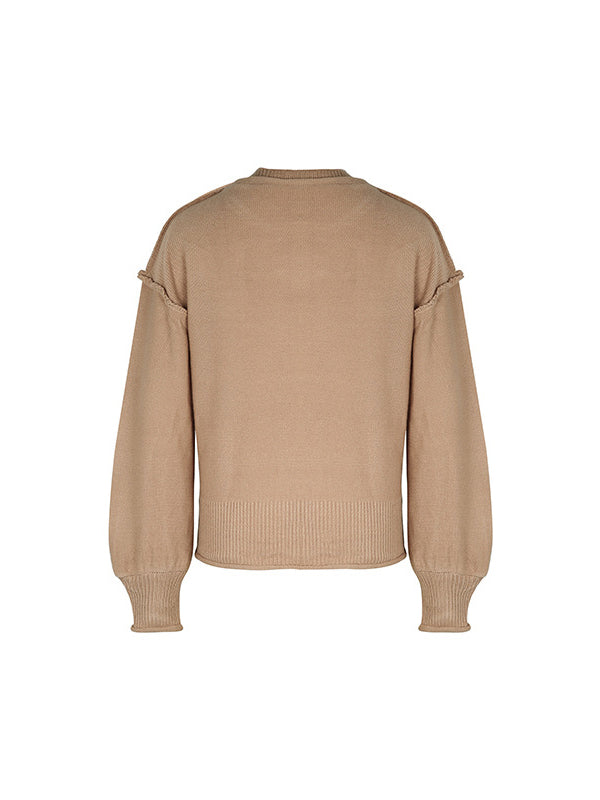 Pockets Solid Color Split-Joint Long Sleeves Loose Round-Neck Sweater Tops Pullovers