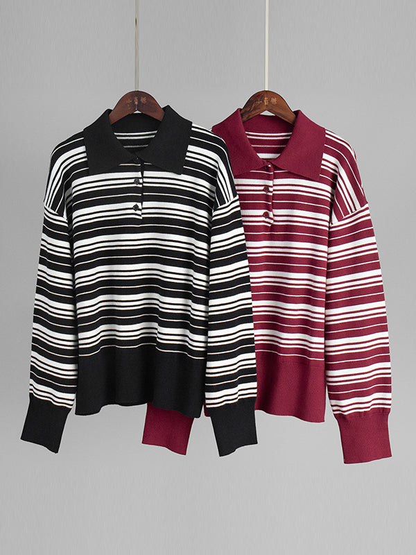 Split-Joint Striped Long Sleeves Lapel Sweater Tops