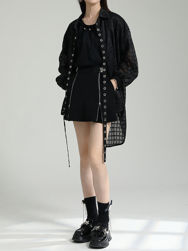 Gauze See-Through High-low Long Sleeves Round-neck Blouses&shirts Tops