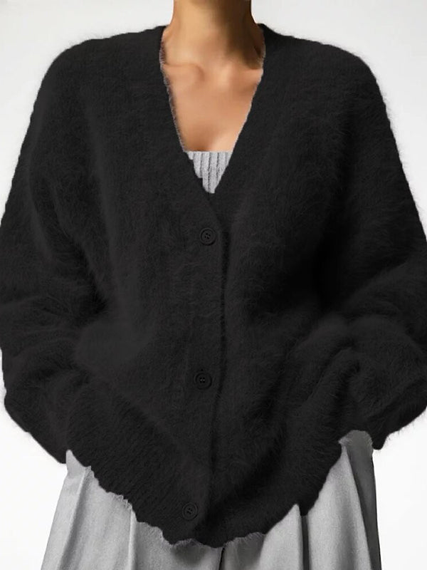Buttoned Solid Color Long Sleeves Loose V-Neck Cardigan Tops