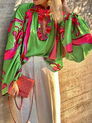 Pleated Printed Split-Joint Long Sleeves Loose Stand Collar Blouses