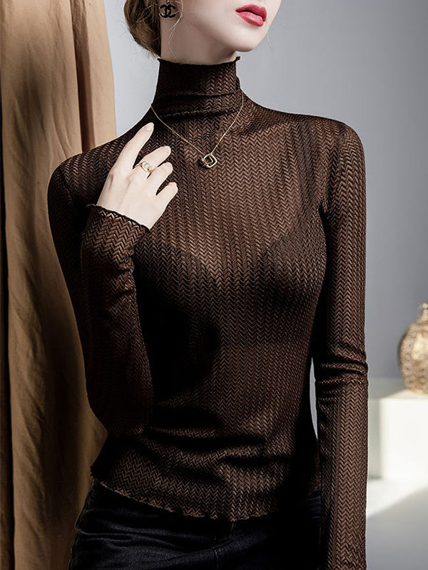 Mesh See-Through Slightly Sheer Split-Joint Long Sleeves Plus Size High Neck T-Shirts