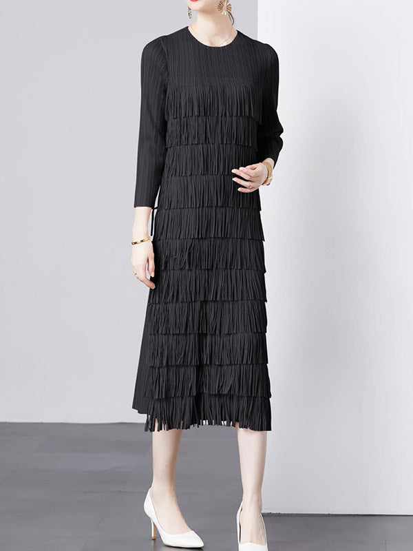 Pleated Solid Color Split-Joint Tasseled Long Sleeves Loose Round-Neck Midi Dresses