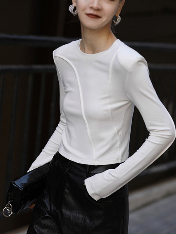 Asymmetric Shoulder Pad Solid Color Split-Joint Long Sleeves Skinny Round-Neck T-Shirts Tops