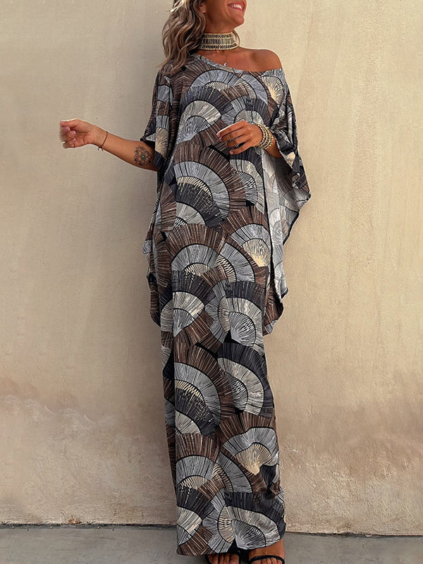 Contrast Color Pleated Printed Batwing Sleeves Maxi Dresses