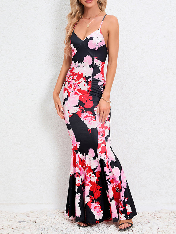 Flower Print Split-Joint Bodycon Mermaid Spaghetti-Neck Maxi Dresses