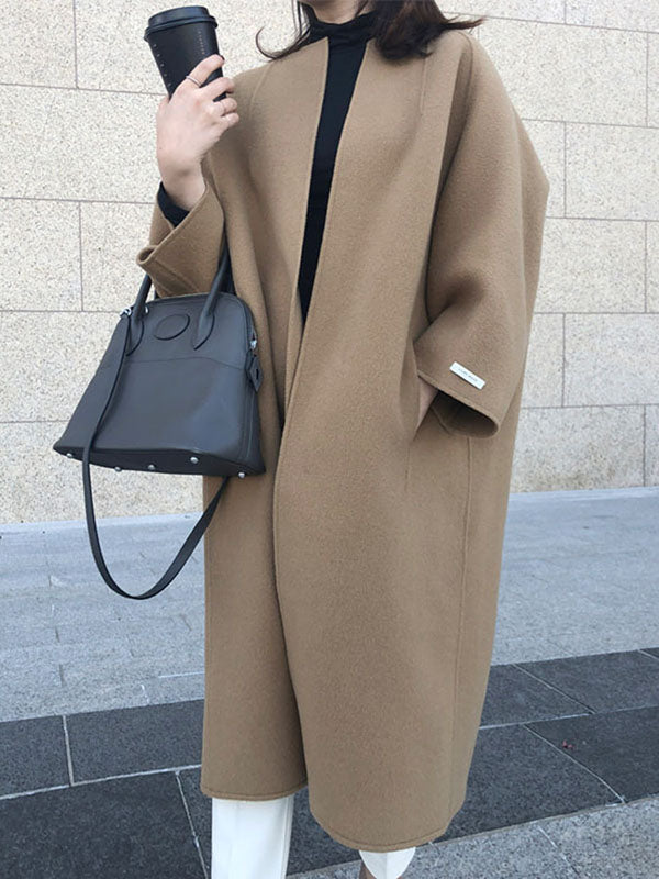 Solid Color Long Sleeves Loose Collarless Woolen Coat