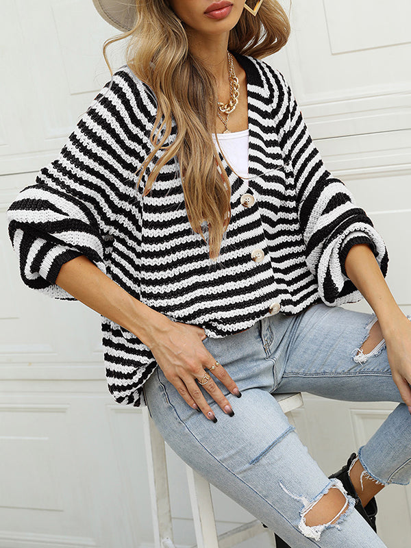 Casual Loose Long Sleeves Striped V-Neck Cardigan Tops