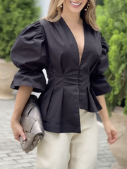 Asymmetric Buttoned Solid Color High-Low Puff Sleeves Deep V-Neck Blouses&Shirts Tops