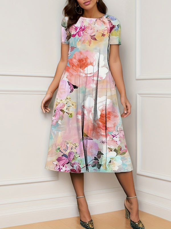 Flower Print Pockets A-Line Loose Round-Neck Midi Dresses