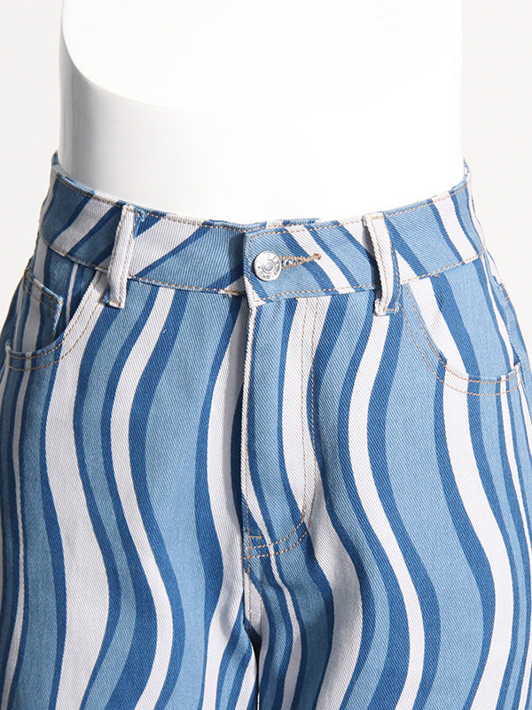 Split-Joint Striped Patterns High Waisted Loose Jean Pants Bottoms