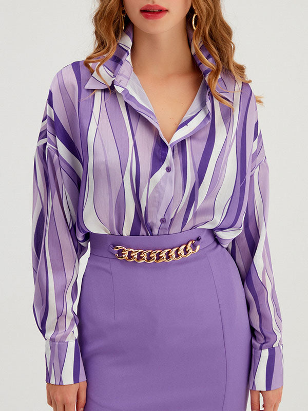 Contrast Color Striped Long Sleeves Loose Lapel Blouses