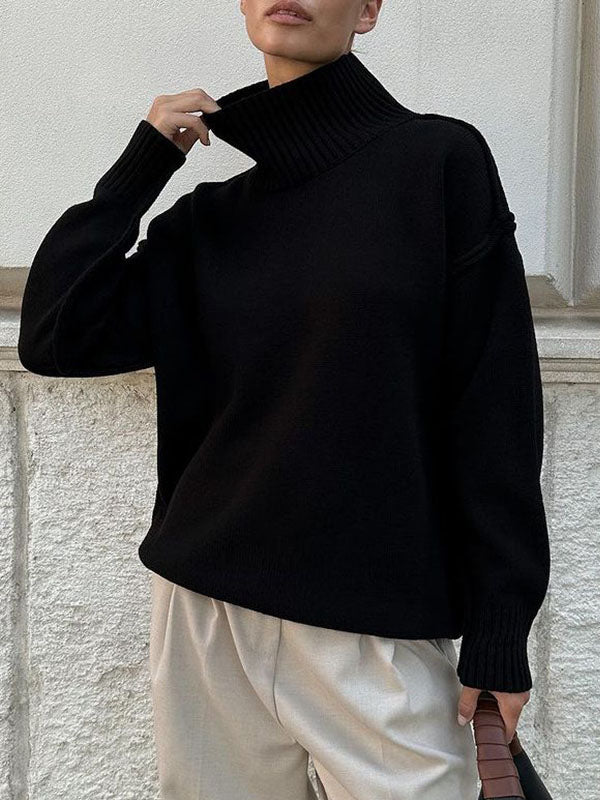 Solid Color Split-Joint Long Sleeves Loose High Neck Sweater Tops Pullovers