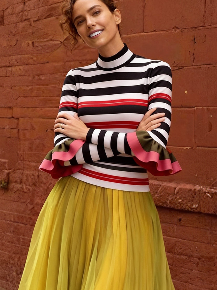 Long Sleeves Skinny Contrast Color Ruffled Split-Joint Striped Half Turtleneck Blouses&Shirts Tops