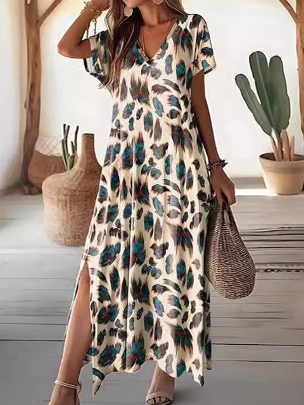 Printed Split-Side Loose Short Sleeves V-Neck Maxi Dresses