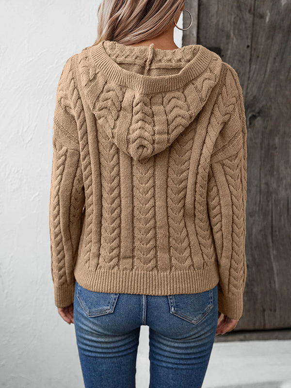 Buttoned Solid Color Split-Joint Hooded Long Sleeves Sweater Tops