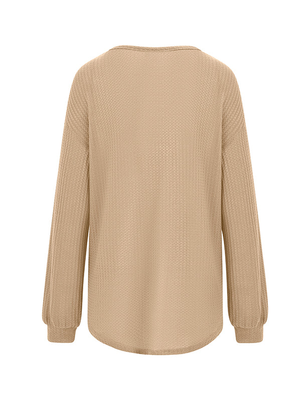 Pockets Solid Color Long Sleeves Loose V-Neck T-Shirts Tops