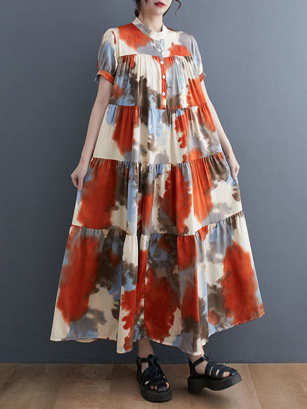 Printed Split-Joint Loose Short Sleeves Stand Collar Midi Dresses