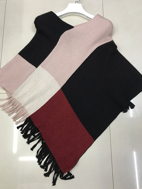 Asymmetric Color-Block Tasseled Loose V-Neck Shawl&Cloak Cape