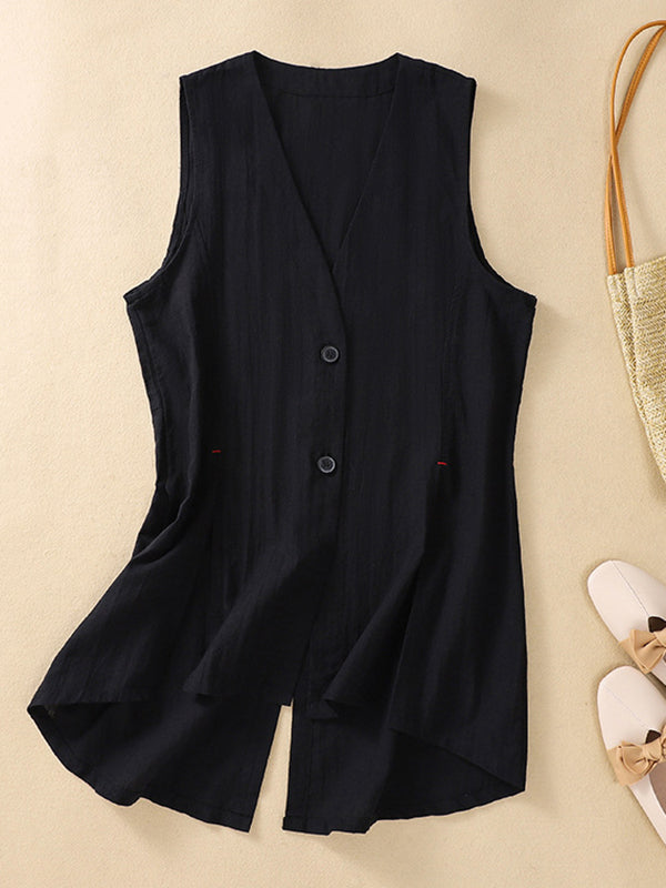 Artistic Retro Loose Ramie Cotton Buttoned Vest Outwear
