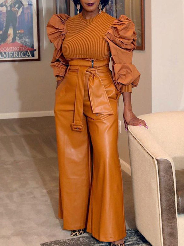 Belted Solid Color Zipper High Waisted Wide Leg Trousers Pants