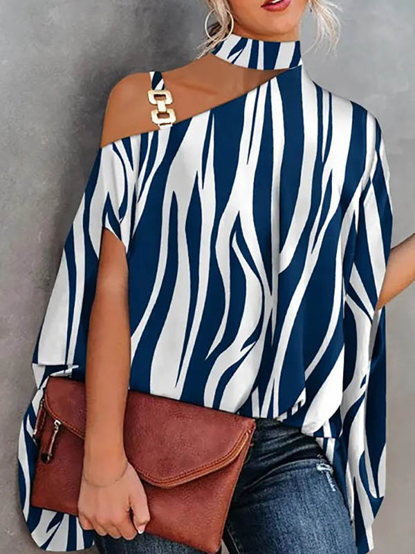 Asymmetric Chains Striped Batwing Sleeves Loose Asymmetric Collar T-Shirts Tops