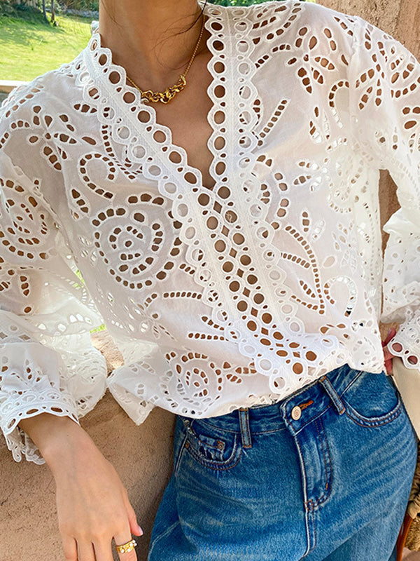 Hollow See-Through Solid Color Split-Joint Long Sleeves Loose V-Neck Blouses&Shirts Tops